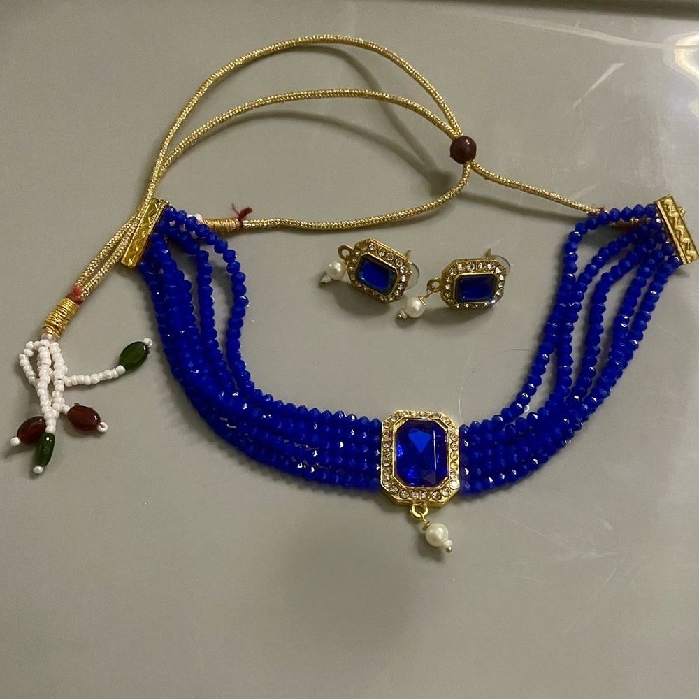 Royal Blue Beaded Choker Necklace & Earrings Set | Gold & Kundan Finish